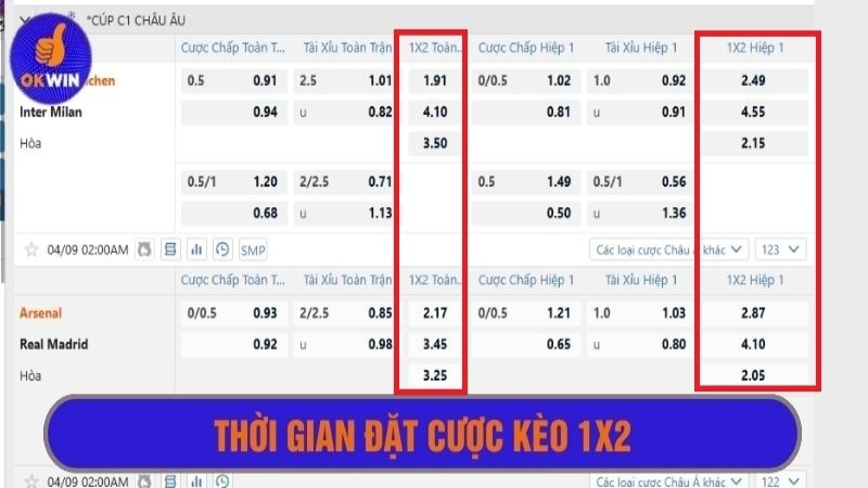 Người chơi có thể lựa chọn cược kèo châu Âu hiệp 1 hoặc cả trận
